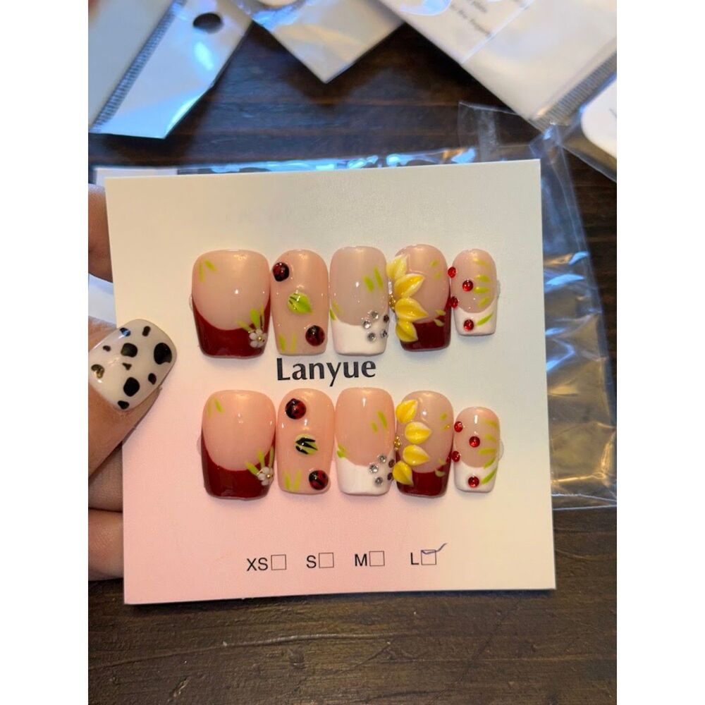 Red French Tip 3D Ladybug & Sunflower Square Press On Nails Size Large